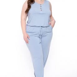 Zenana Party Jumpsuilts Plus Size Zelda Button Up Lounge Jumpsuit - Ash Blue