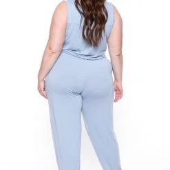 Zenana Party Jumpsuilts Plus Size Zelda Button Up Lounge Jumpsuit - Ash Blue