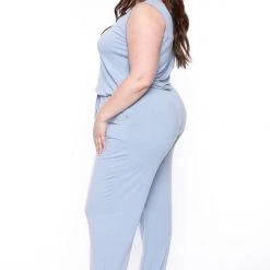 Zenana Party Jumpsuilts Plus Size Zelda Button Up Lounge Jumpsuit - Ash Blue