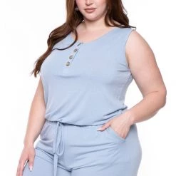 Zenana Party Jumpsuilts Plus Size Zelda Button Up Lounge Jumpsuit - Ash Blue
