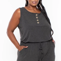 Zenana Plus Size Zelda Button Up Lounge Jumpsuit - Charcoal Party Jumpsuilts