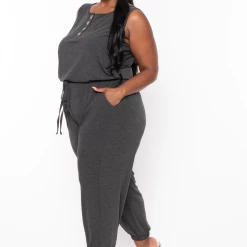Zenana Plus Size Zelda Button Up Lounge Jumpsuit - Charcoal Party Jumpsuilts