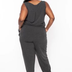 Zenana Plus Size Zelda Button Up Lounge Jumpsuit - Charcoal Party Jumpsuilts