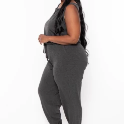 Zenana Plus Size Zelda Button Up Lounge Jumpsuit - Charcoal Party Jumpsuilts