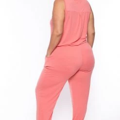 Zenana Party Jumpsuilts Plus Size Zelda Button Up Lounge Jumpsuit - Deep Coral