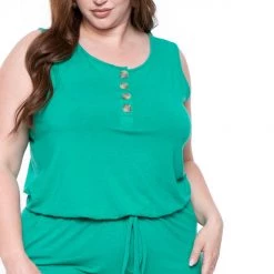 Zenana Party Jumpsuilts Plus Size Zelda Button Up Lounge Jumpsuit - Emerald