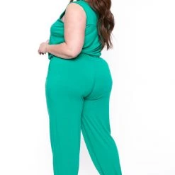 Zenana Party Jumpsuilts Plus Size Zelda Button Up Lounge Jumpsuit - Emerald