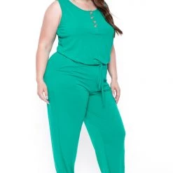 Zenana Party Jumpsuilts Plus Size Zelda Button Up Lounge Jumpsuit - Emerald