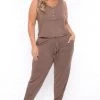 Zenana Party Jumpsuilts Plus Size Zelda Button Up Lounge Jumpsuit - Mocha