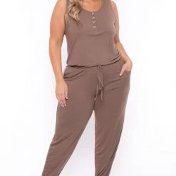 Zenana Party Jumpsuilts Plus Size Zelda Button Up Lounge Jumpsuit - Mocha