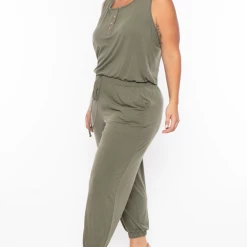 Zenana Plus Size Zelda Button Up Lounge Jumpsuit - Olive Party Jumpsuilts