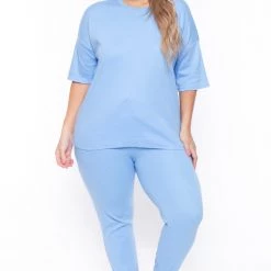 Zenana Sets Plus Size Camila Matching Lounge Set - Spring Blue
