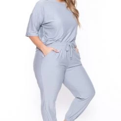 Zenana Sets Plus Size Dee Lounge Set- Light Gray