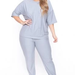 Zenana Sets Plus Size Dee Lounge Set- Light Gray