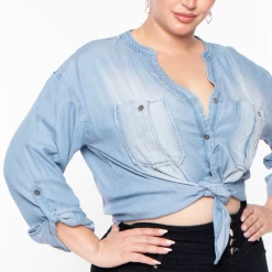 Zenana Plus Size Oaklynn Denim Top- Light Wash Blue Tops