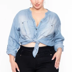 Zenana Plus Size Oaklynn Denim Top- Light Wash Blue Tops
